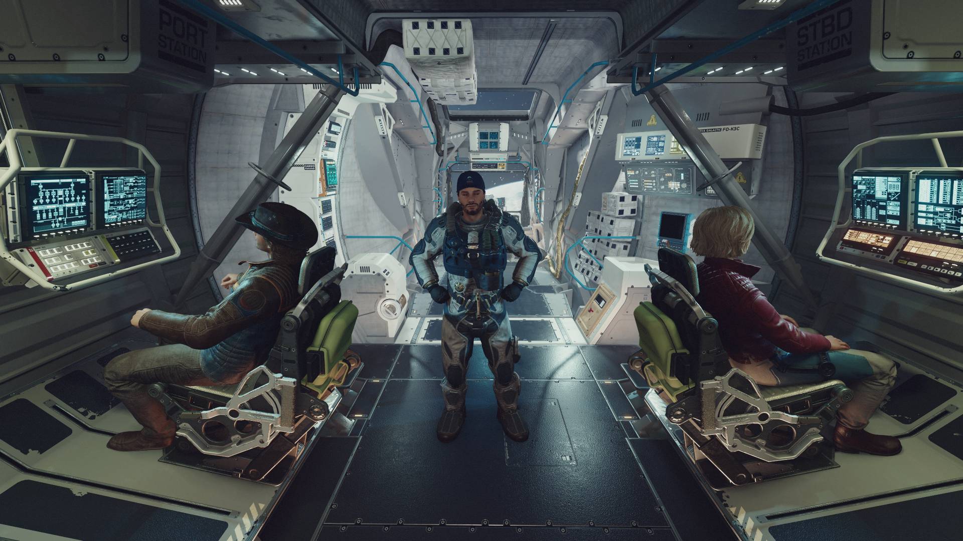 Starfield crew seated in ship cockpit