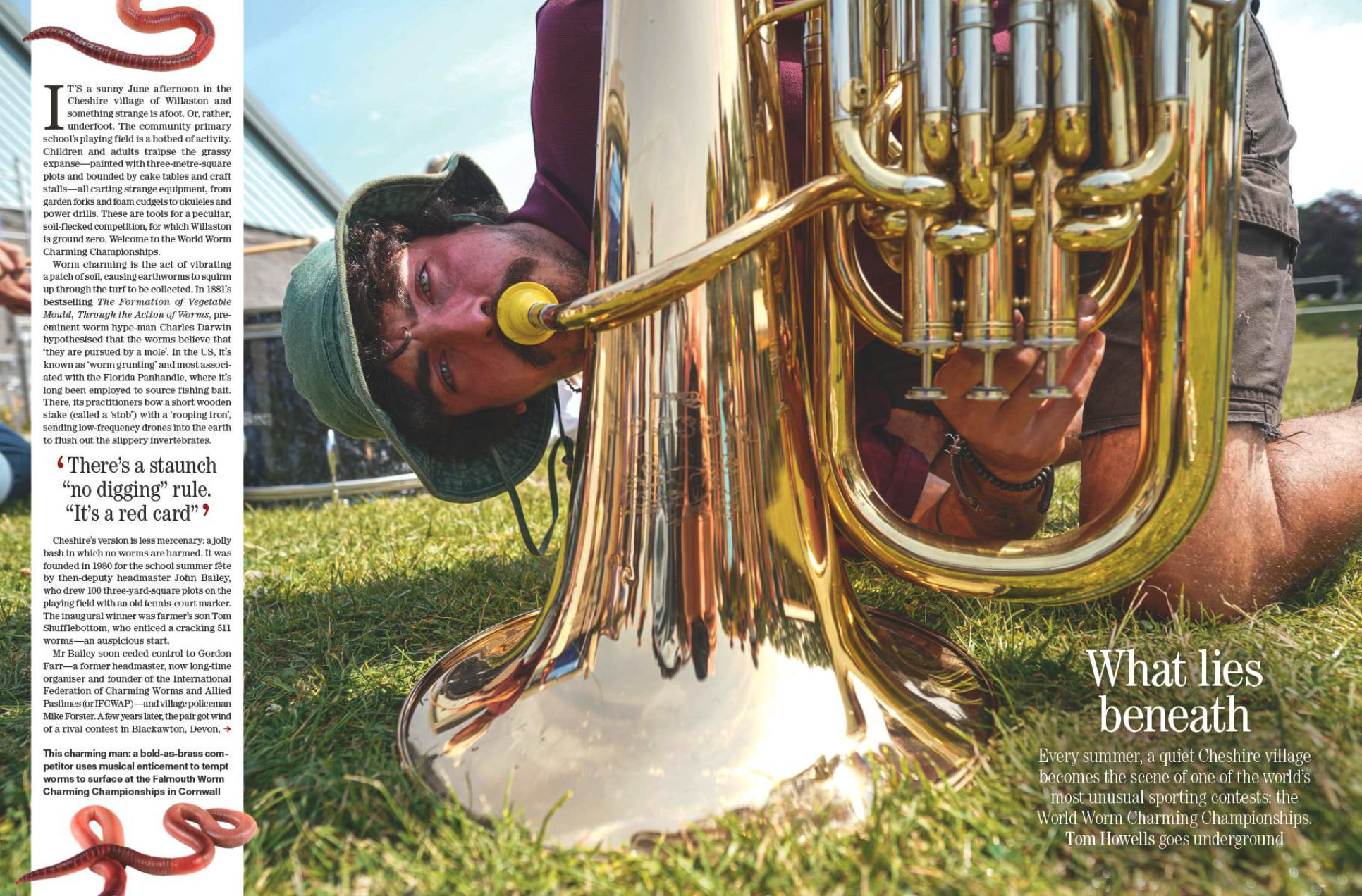 A spread of Country Life magazine showing a man playing a trombone to some worms