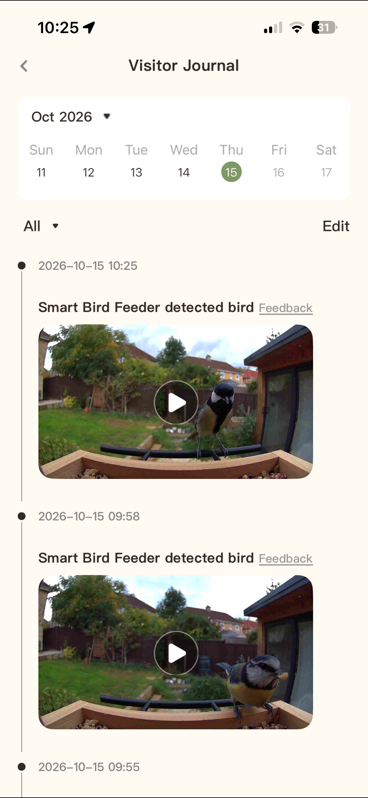Screenshots from the TT Nature feeder app, PerchLens