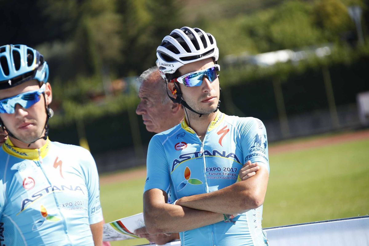 Fabio Aru waits to sign on at the Coppa Sabatini.