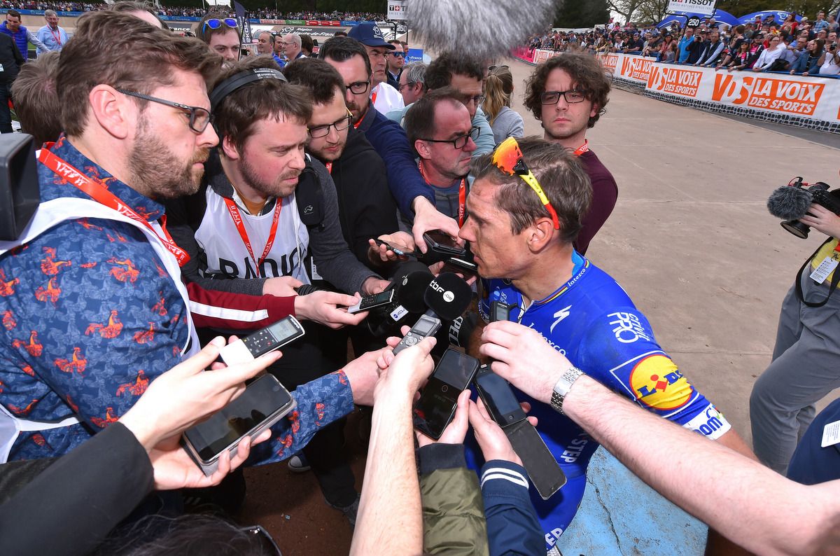 Philippe Gilbert (Quick-Step Floors) talks with the press post-Paris-Roubaix
