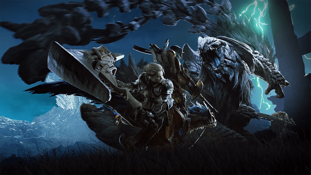 Arkveld attacks a hunter wielding a huge hammer