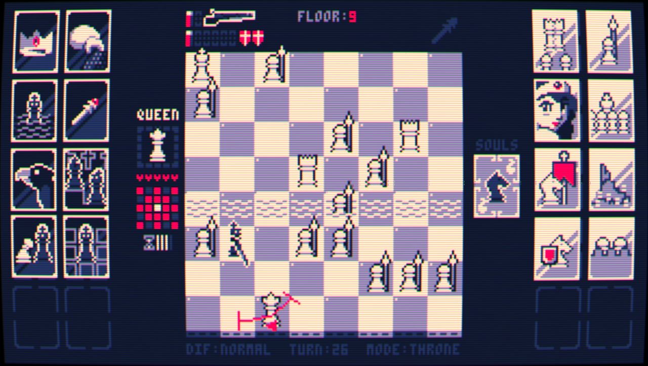 king in an aggressive late game board filled with upgraded pawns