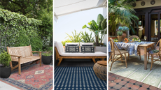 three images of patio spaces with outdoor rugs