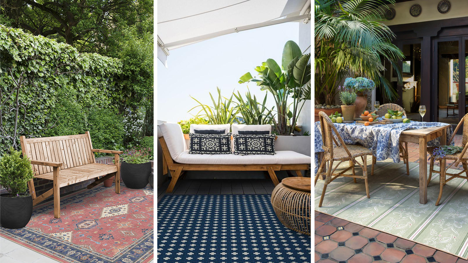 three images of patio spaces with outdoor rugs