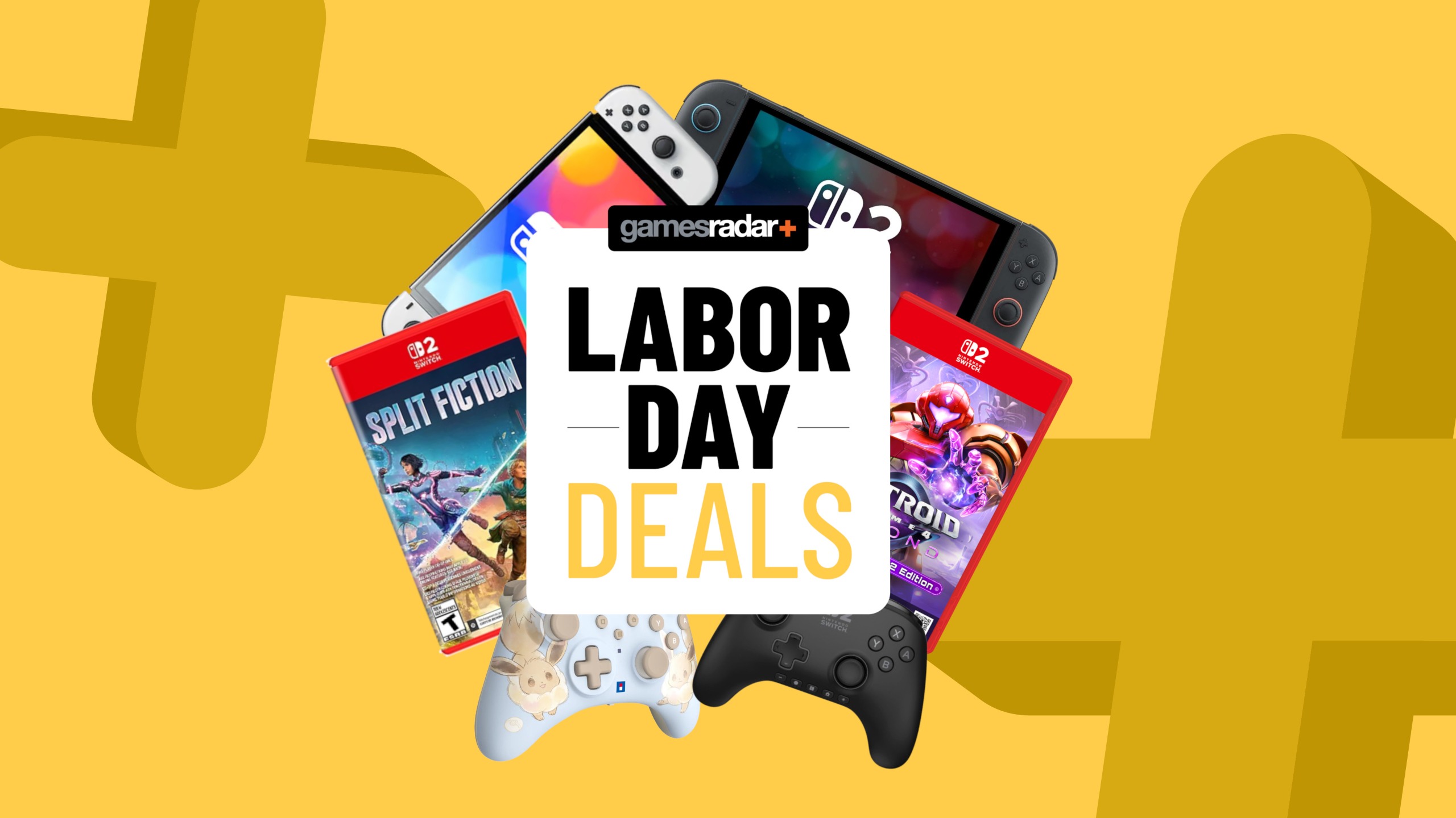 Nintendo Switch and Switch 2 handhelds with games and controllers on a yellow background with Labor Day sales badge