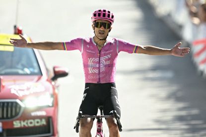 EF Education - EasyPost team's Ecuadorian rider Richard Carapaz cycles to the finish line to win the 18th stage of the 113th edition of the Tour de France cycling race, 185 km between Voiron and Orci&egrave;res-Merlette in the French Alps, on July 23, 2026. (Photo by Loic VENANCE / AFP)