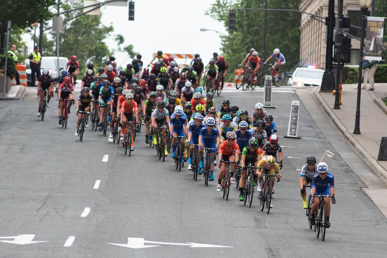 The women turn back towards town during the road race at the Winston-Salem Cycling Classic