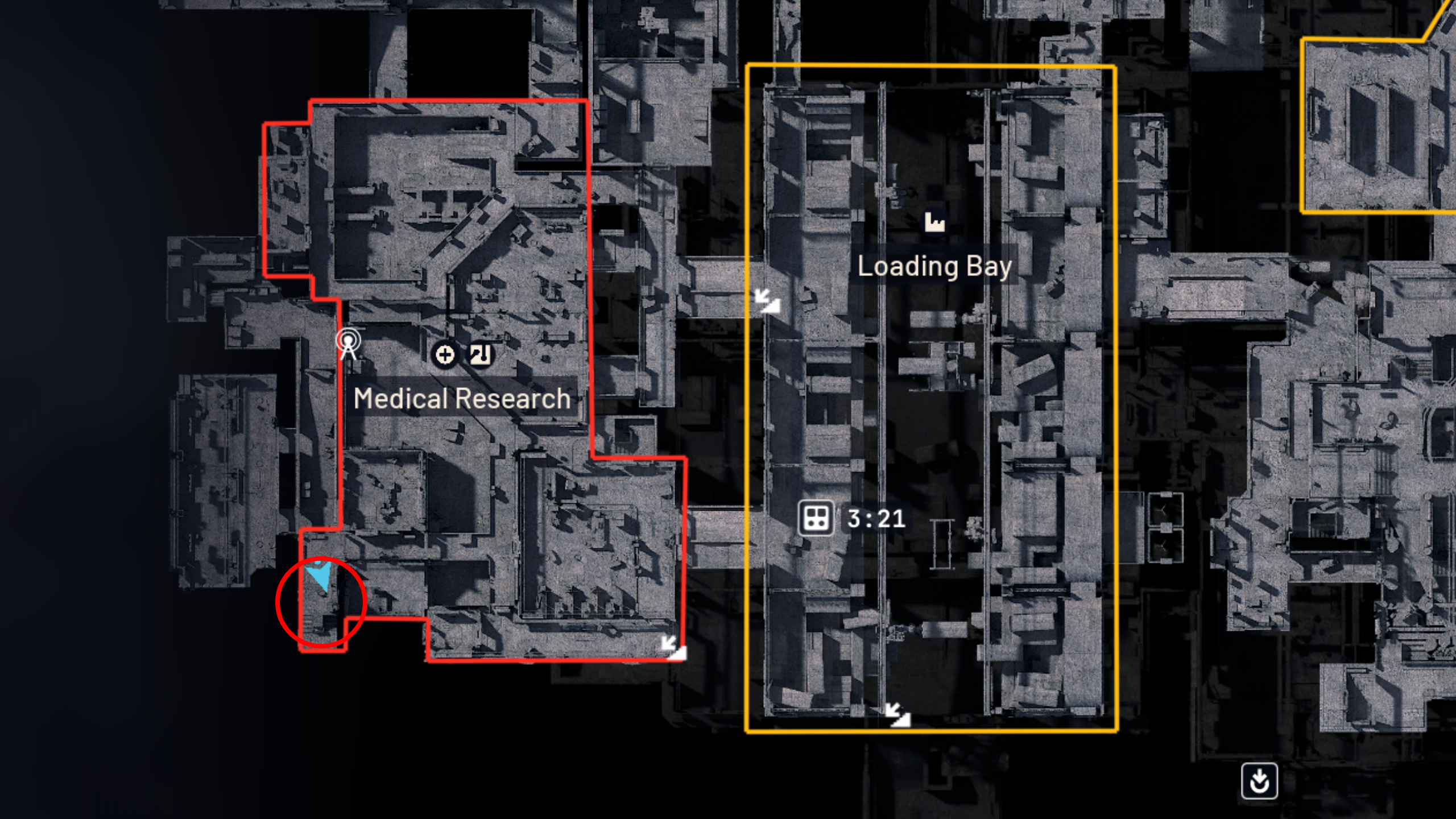 Arc Raiders Furtive Meetings: A map with a red circle showing the location of a secret meeting spot on the staircase in Medical Research.