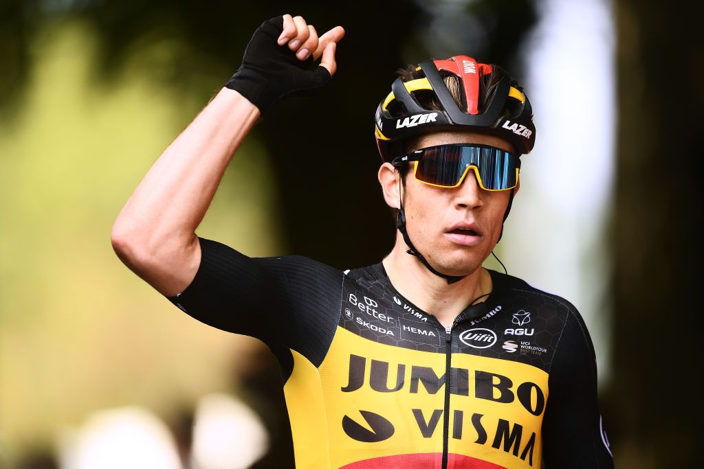 BODMIN ENGLAND SEPTEMBER 05 Wout Van Aert of Belgium and Team Jumbo Visma celebrates winning during the 17th Tour of Britain 2021 Stage 1 a 1808km stage from Penzance to Bodmin TourofBritain TourofBritain on September 05 2021 in Bodmin England Photo by Harry TrumpGetty Images