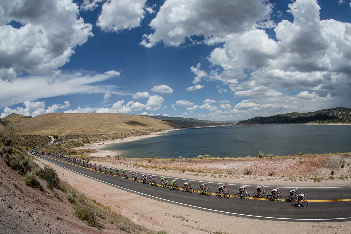 The peloton gets strung out along Rockport Reservoir