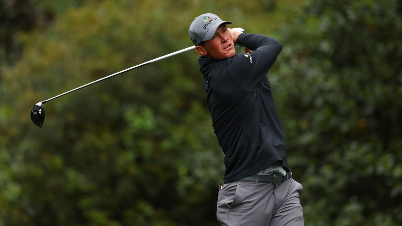  Amateur Christo Lamprecht plays a shot during a practice round prior to the 2024 Masters Tournament at Augusta National Golf Club on April 09, 2024