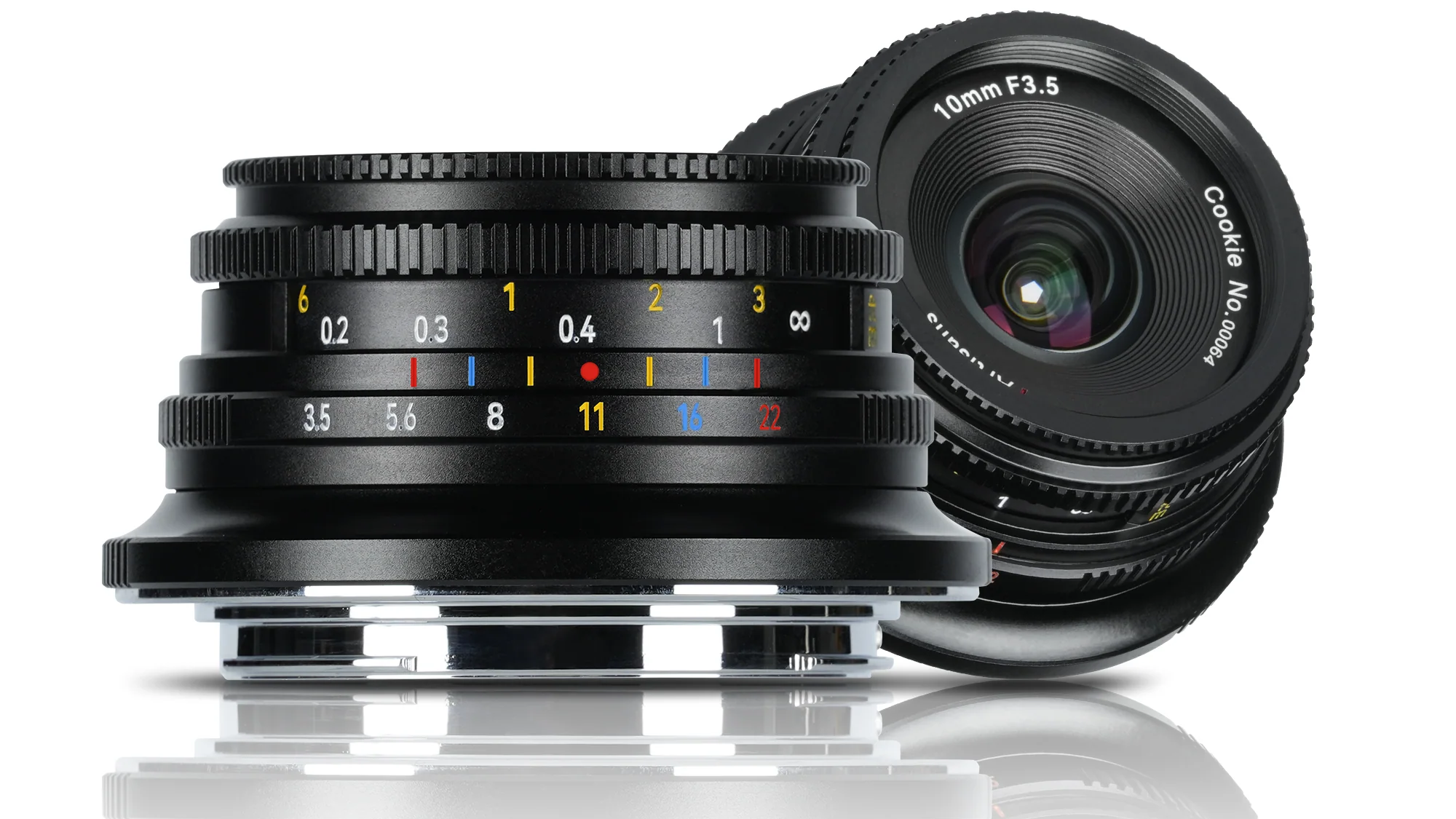 7Artisans 10mm f/3.5 side-on and three-quarters view composite on white background