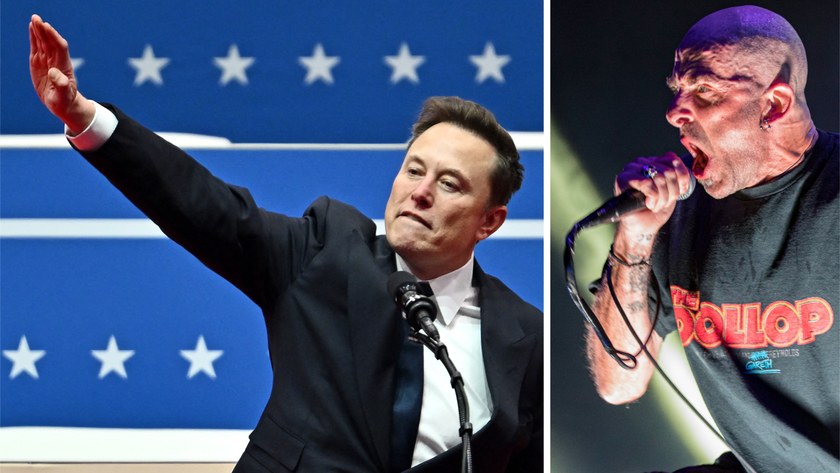 Elon Musk saluting in 2025, and Randy Blythe onstage with Lamb Of God in 2024