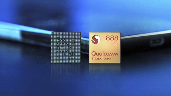 Qualcomm Snapdragon 888 processor front and back leaning on smartphone