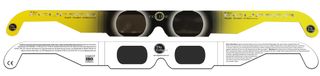 the front and back view of a pair of solar eclipse glasses.