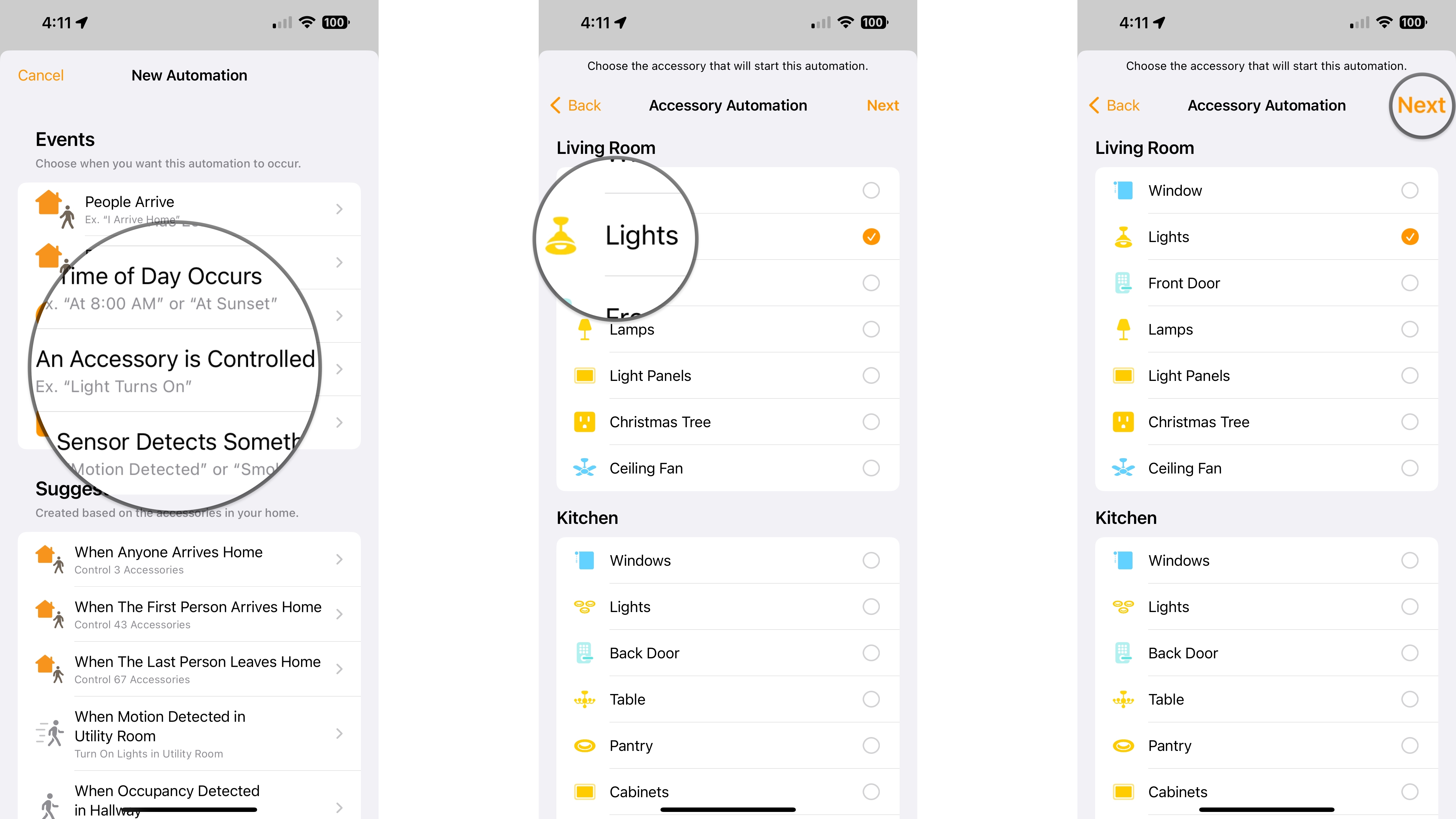 How to create an accessory automation in the Home app on the iPhone by showing steps: Tap An Accessory is Controlled, Tap an Accessory, Tap Next.