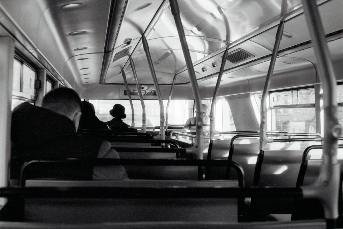 London bus interior shot on Lomography Lady Grey 400