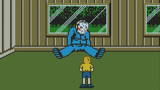 Jason Voorhees lies temporarily defeated as a camp counselor stands before him in Friday the 13th's Game Boy Color fan remake