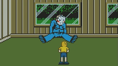 Jason Voorhees lies temporarily defeated as a camp counselor stands before him in Friday the 13th's Game Boy Color fan remake