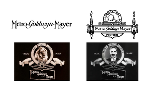 Early MGM studios logos in black and white, and film stills of moving versions with Leo the Lion and Groucho Marx.