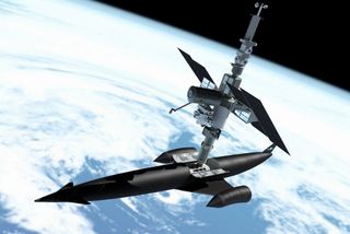 Reaction engines have devised a series of modules to demonstrate the proposed spaceship SKYLON's capabilities. Here, a space station has been assembled using docking, habitation, power, airlock and laboratory modules.