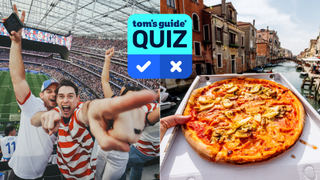 A split image showing USA fans at the World Cup 2026, and a pizza in Venice, with the Tom's Guide quiz logo overlaid