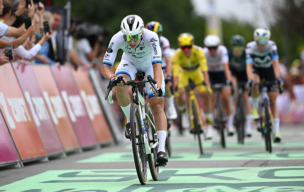 QUIMPER , FRANCE - JULY 27: Lorena Wiebes of Netherlands and Team SD Worx - Protime crosses the finish line during the 4th Tour de France Femmes 2025, Stage 2 a 110.4km stage from Brest to Quimper / #UCIWWT / on July 27, 2025 in Quimper, France. (Photo by Szymon Gruchalski/Getty Images)