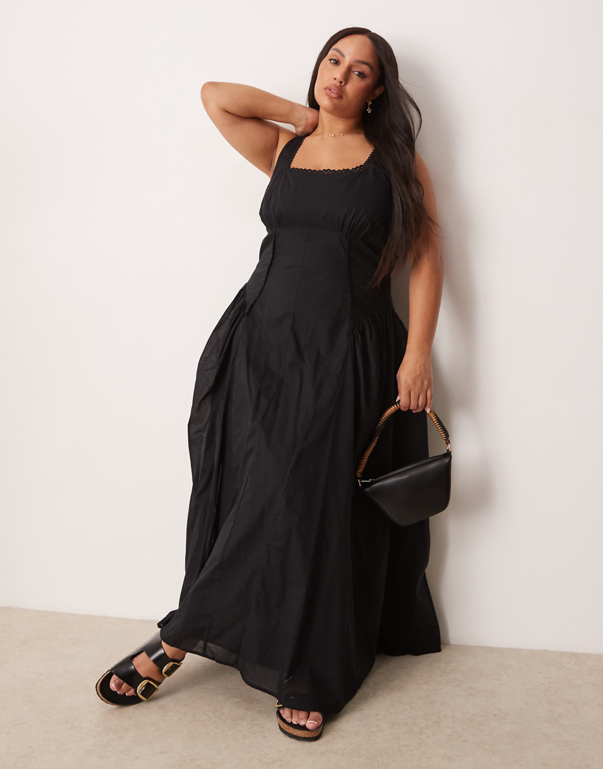 Asos Design Curve Prairie Square Neck Maxi Dress With Dropped Waist in Black