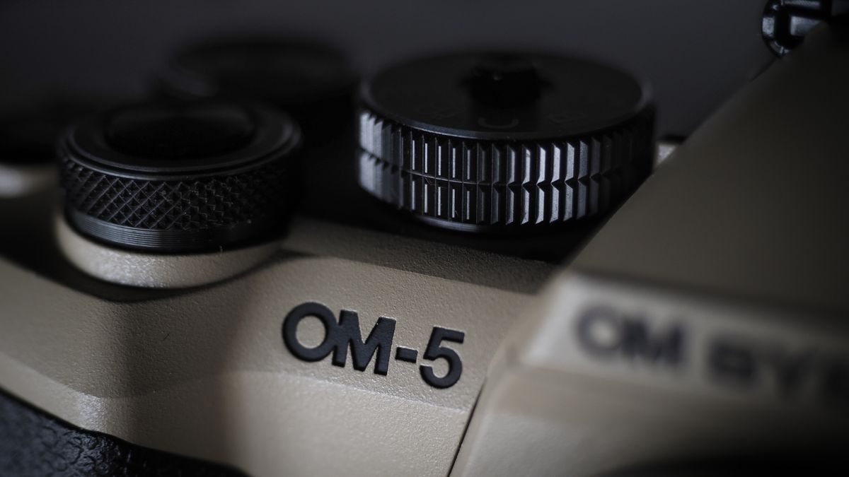 OM System OM-5 Mark II on a wooden surface with an Olympus M.Zuiko 12-45mm lens