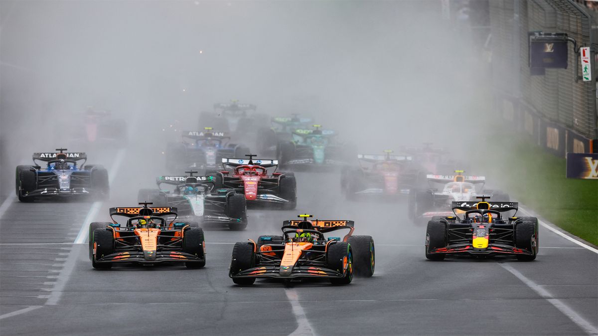 McLaren’s Lando Norris leads a restart on a wet track at the Australian Grand Prix in Melbourne