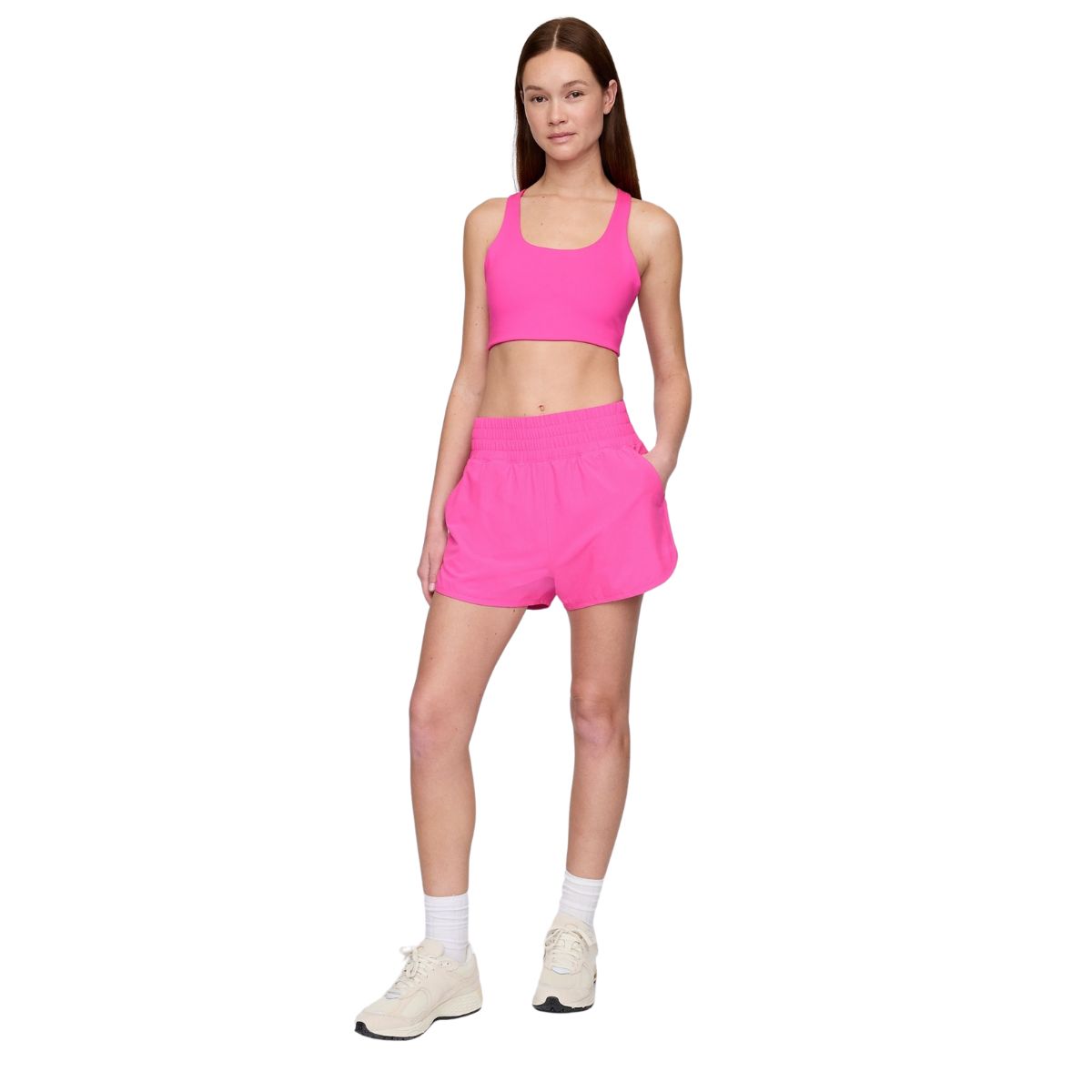 model in pink gap running shorts