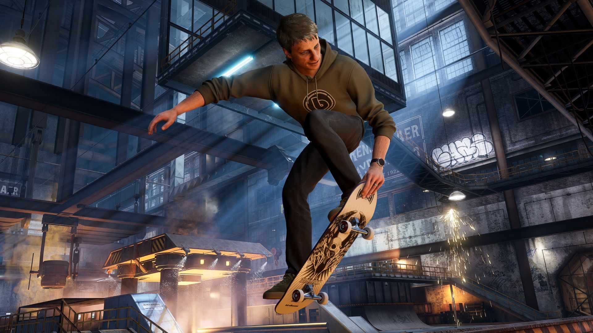 Tony Hawk from the new remake of Tony Hawk&#039;s Pro Skater 3+4. He&#039;s jumping in the air with his skateboard, holding onto the front as he prepares to land. 