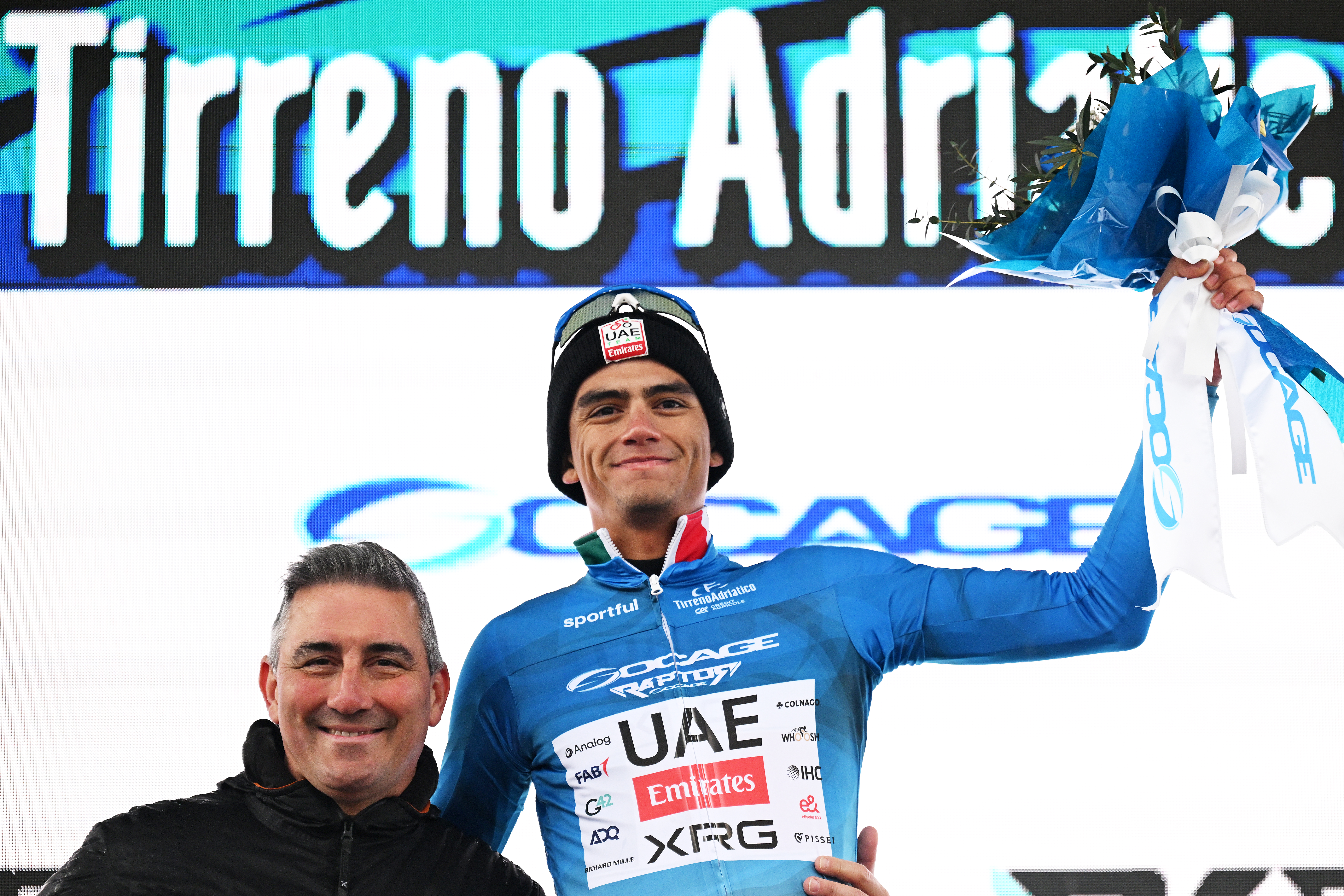 Isaac Del Toro in leaders jersey after stage 3 of Tirreno-Adriatico 2026