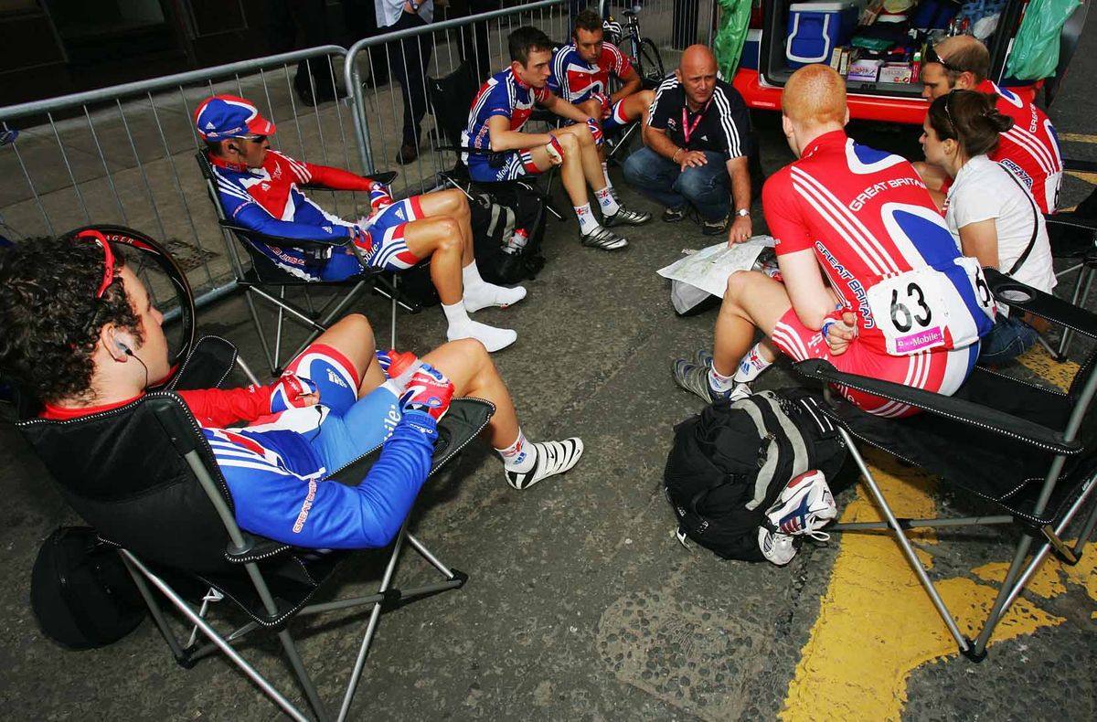 Fame academy. Mark Cavendish, Ed Clancy, Roger Hammond and Geraint Thomas listen to British coach John Herety in Glasgow in 2005.