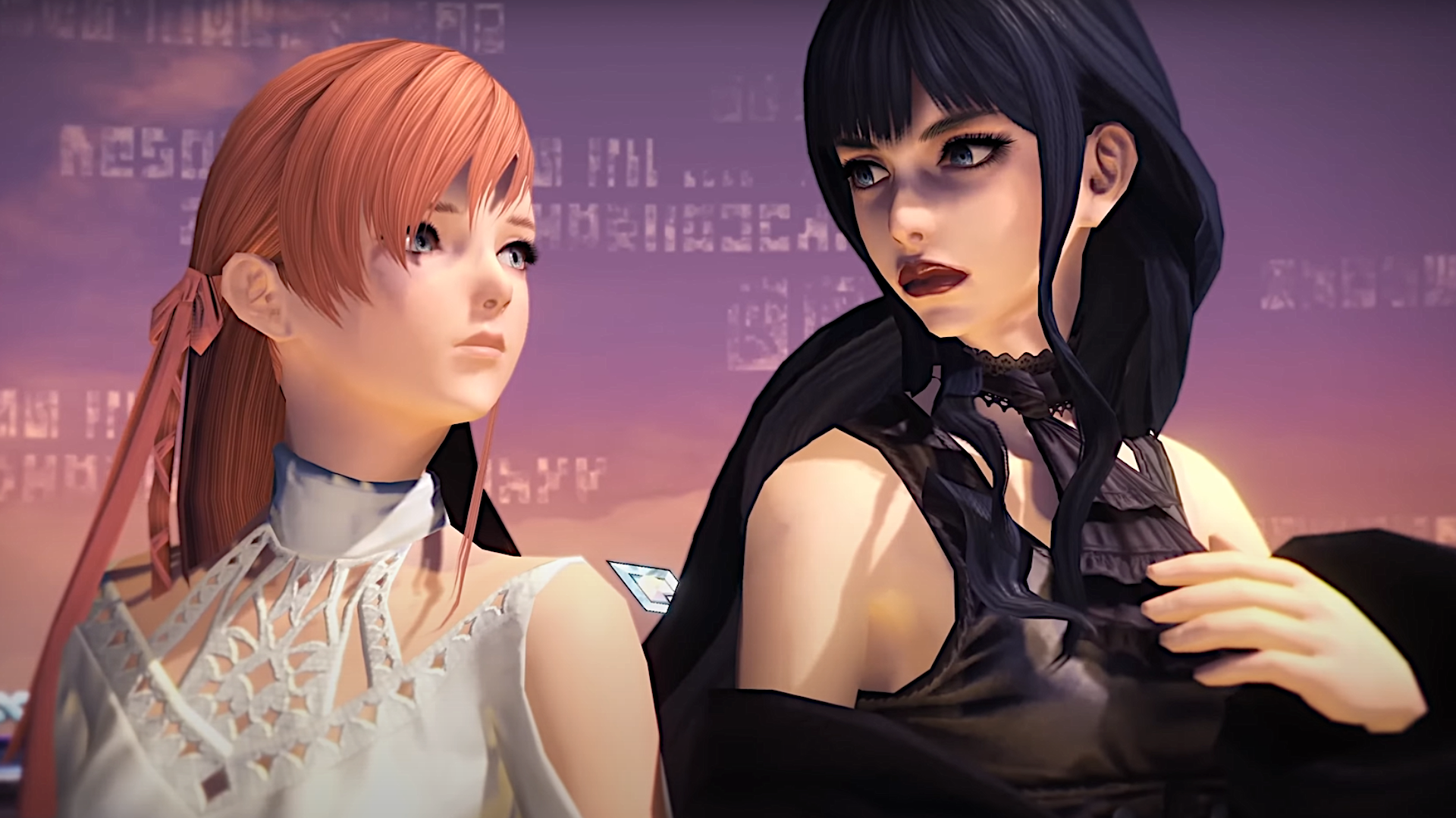 Gaia and Ryne hold hands and stare into each others eyes as part of Final Fantasy 14's latest Ultimate, Futures Rewritten.