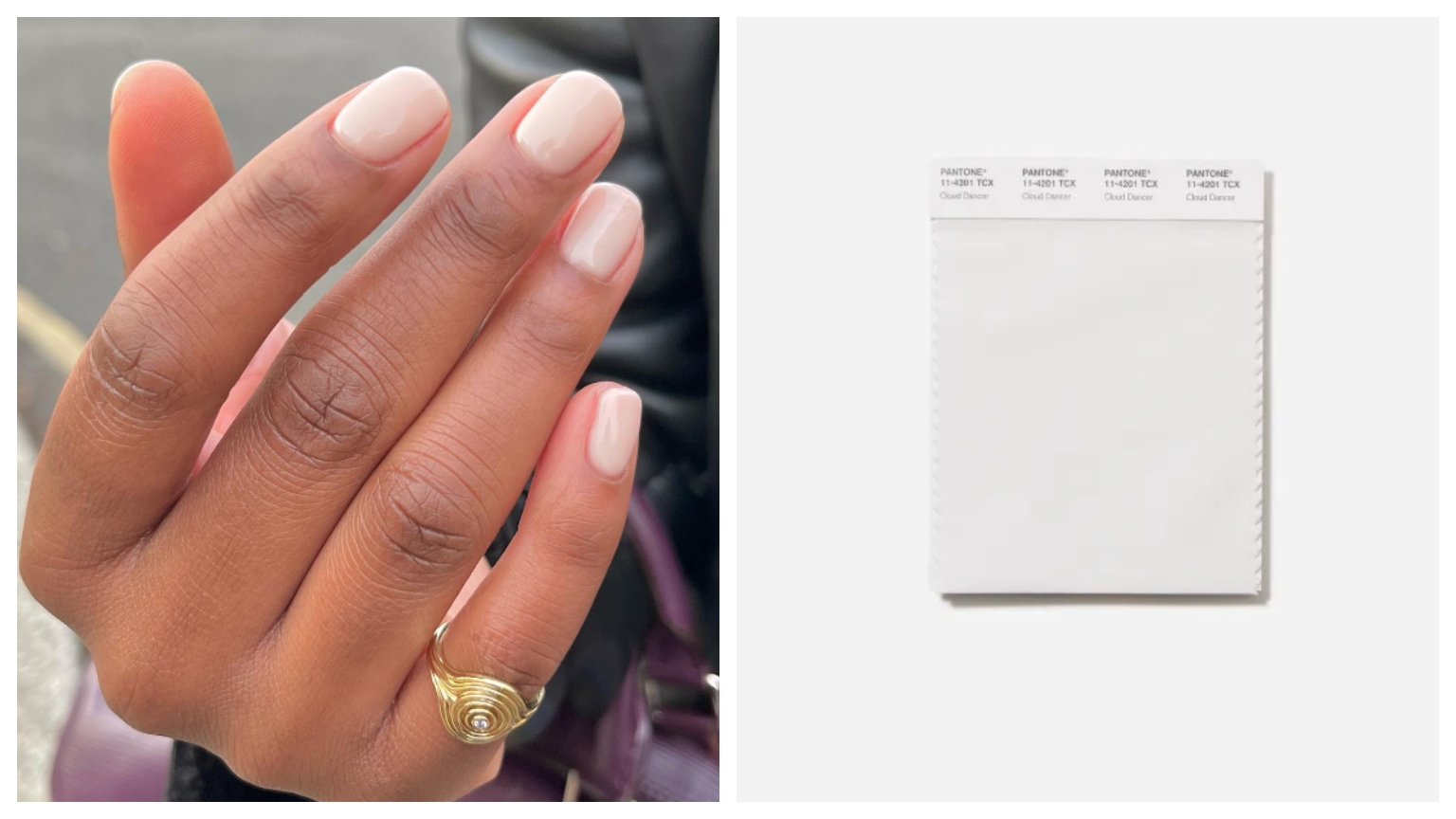 a side by side collage of a black woman's hand wearing a gold ring and white nail polish and a swatch of white color