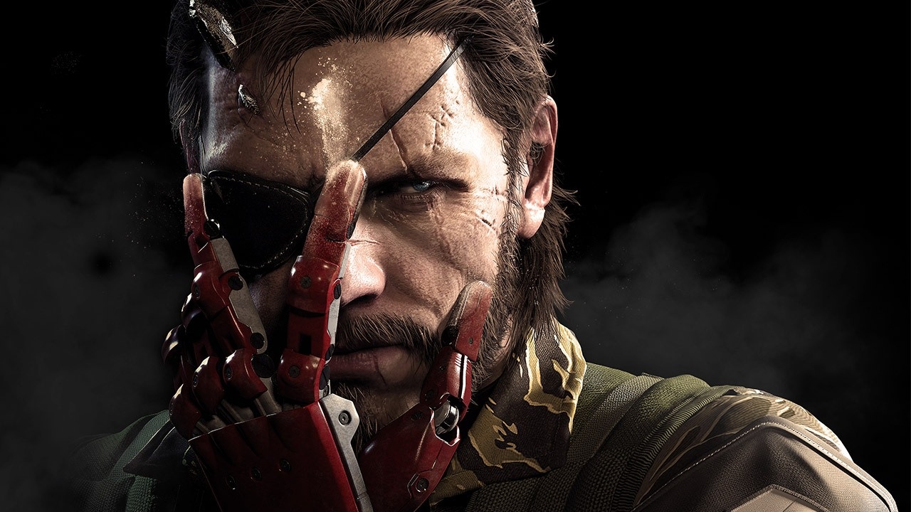 Metal Gear Solid 5's Snake with a bionic hand partially covering his face