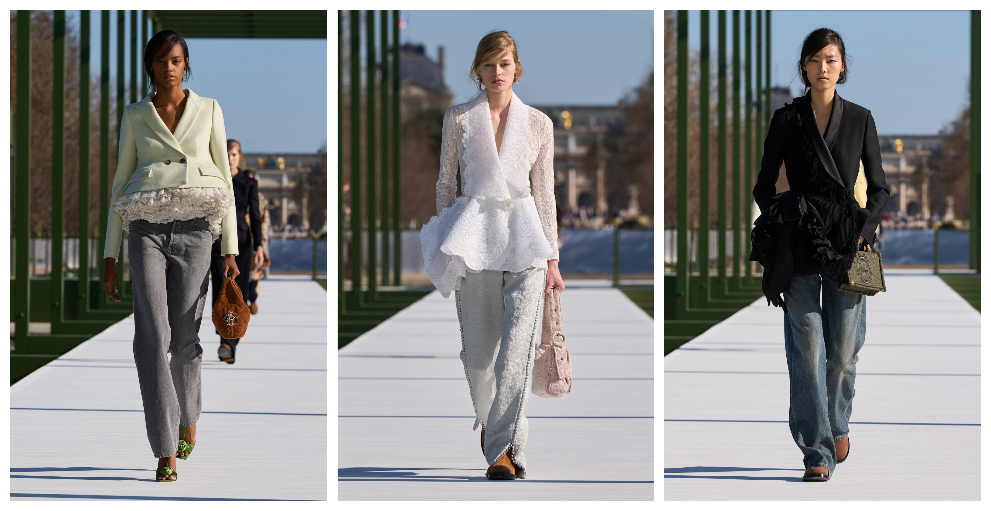 three models on the Dior Fall 2026 fashion week runway