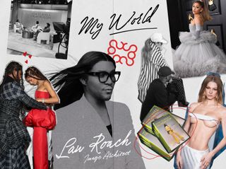 A collage showing the stylist, Law Roach's world, including a photo of him styling Zendaya and Celine Dion, a photo of him onstage promoting his new book, and photos of celebrities he's styled, including Ariana Grande and Hunter Schafer