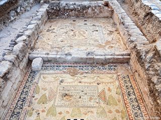 This image shows a mosaic and inscription found in the church. Inscriptions say that the church was expanded in the 6th century and was dedicated to a "glorious martyr" whose name is unknown.