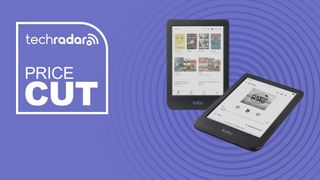 The Kobo Clara Colour and Kobo Clara BW ereaders on a purple background with the TechRadar deals logo for price cut