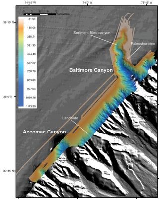 This map shows sonar measurements taken in 2011 to map the underwater Baltimore and Accomac Canyons, off the U.S. East Coast. Color key at left shows depths (in meters).
