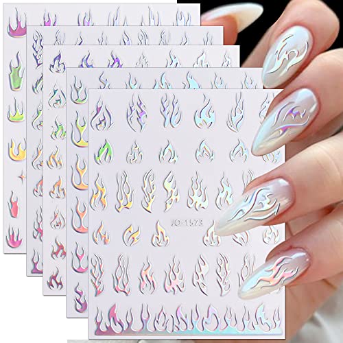 Dornail 6 Sheets Aurora Nail Stickers Holographic Laser Flame Nail Decals 3d Self Adhesive Nail Art Stickers Silver Fire Flame Nail Sticker Diy Nail Design Nail Art Decoration Nail Supplies