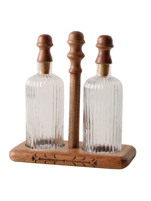 Antiqued Wood Ribbed Glass Oil & Vinegar Set
