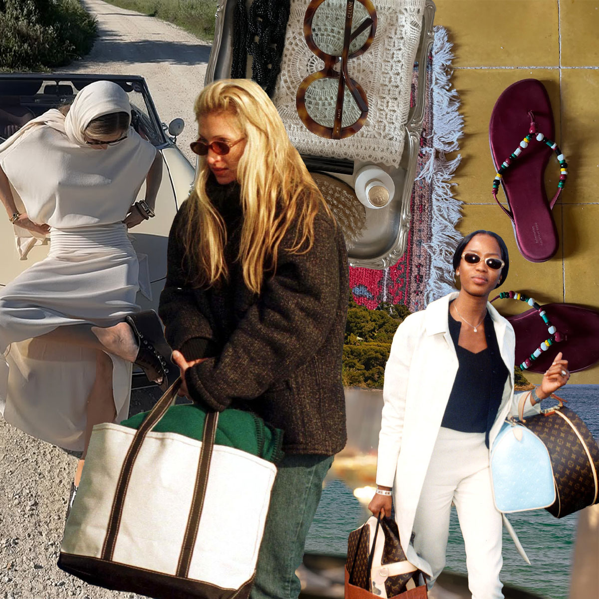 a collage of influencer and celebrity imagery featuring fashion people traveling