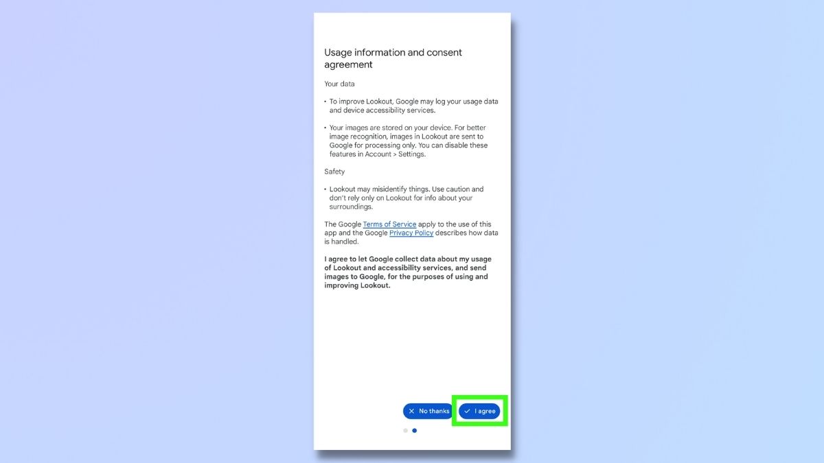 Снимок экрана, показывающий, как использовать изображение Google Lookout: вопросы и ответы: информация об использовании и соглашение о согласии