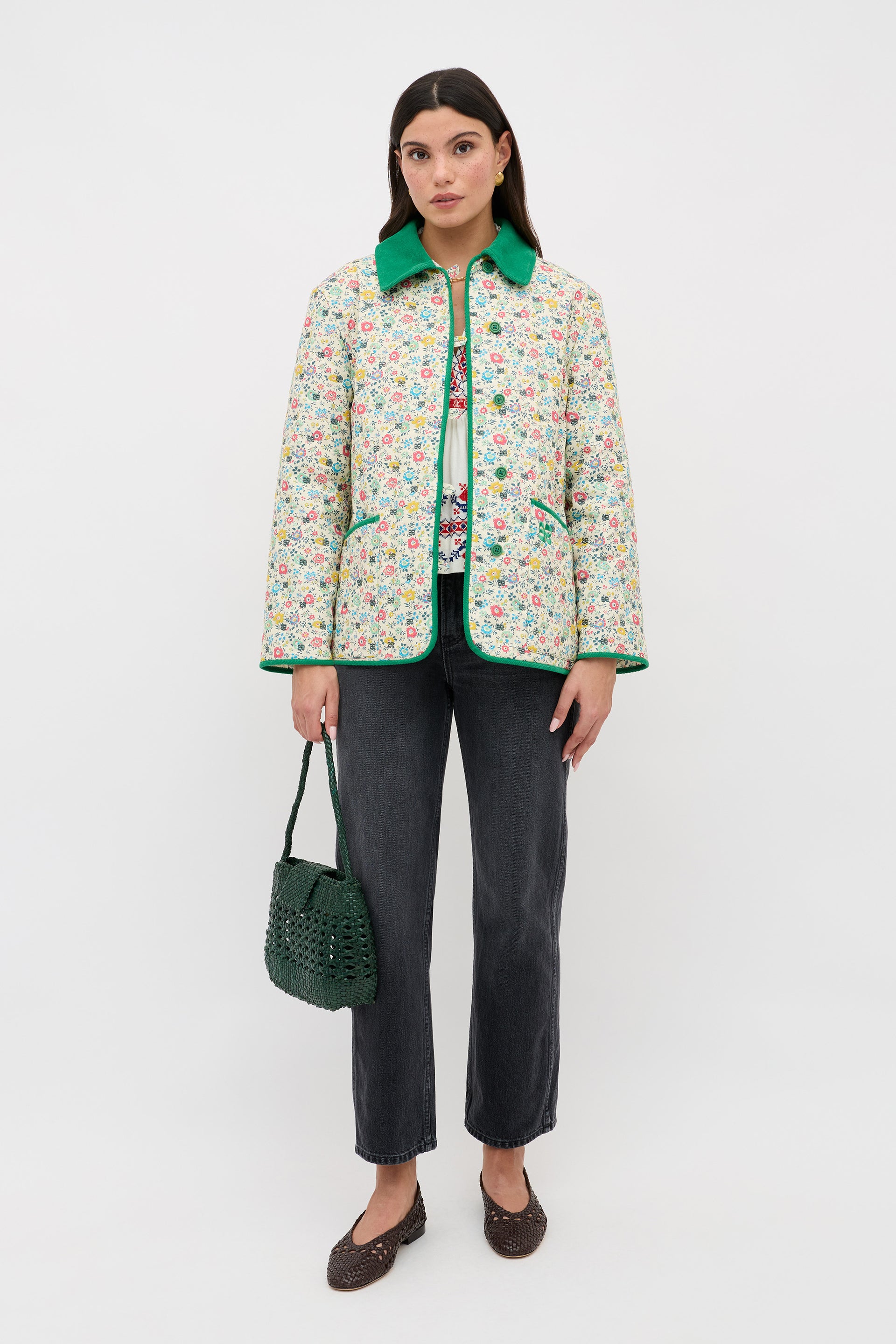 Earla Cotton Quilted Jacket in Green Amalfi Floral Cream