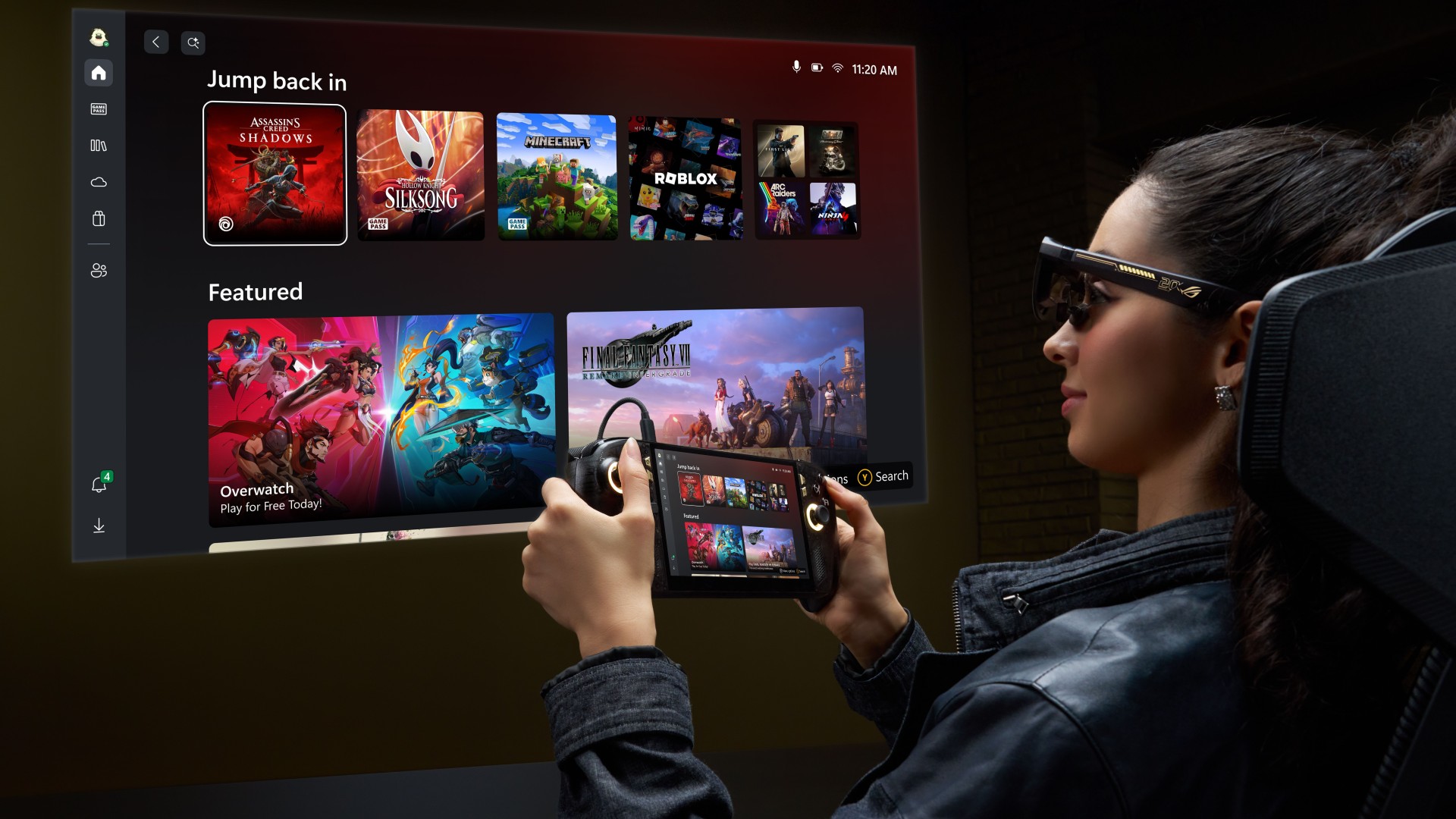 Person wearing ROG XREAL R2 Edition 20 AR glasses while playing on the ROG Xbox Ally X20