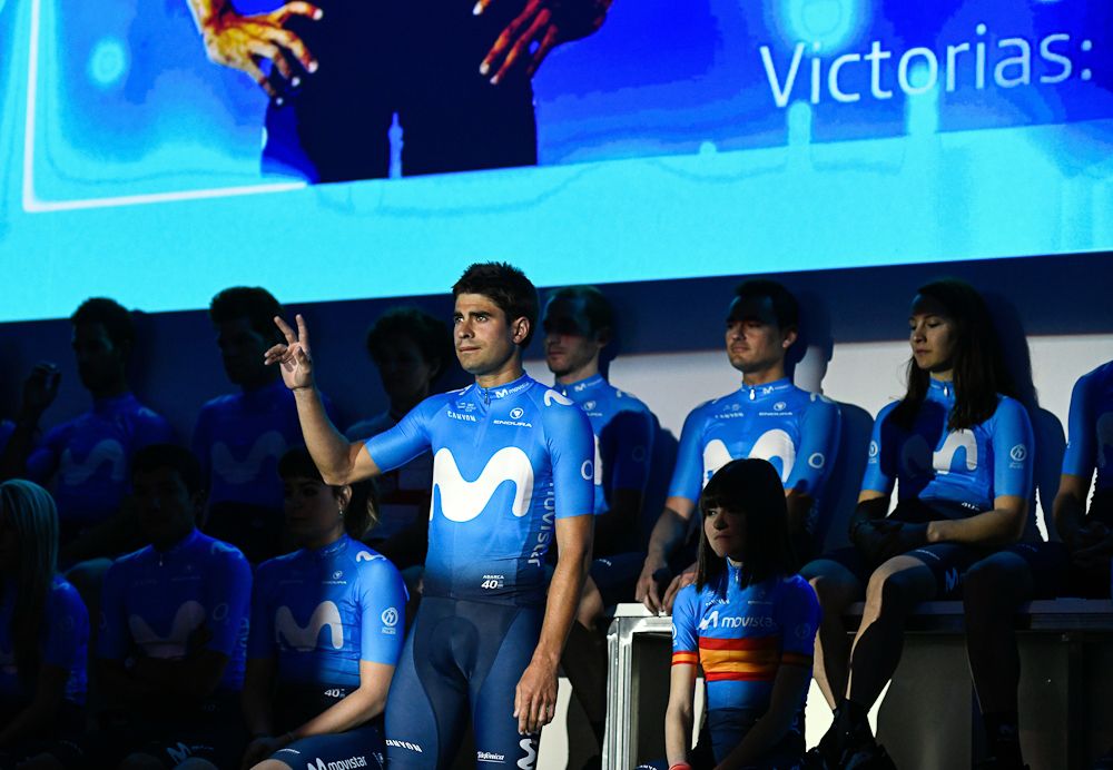 Mikel Landa waves during the presentation of Spain's Movistar Team